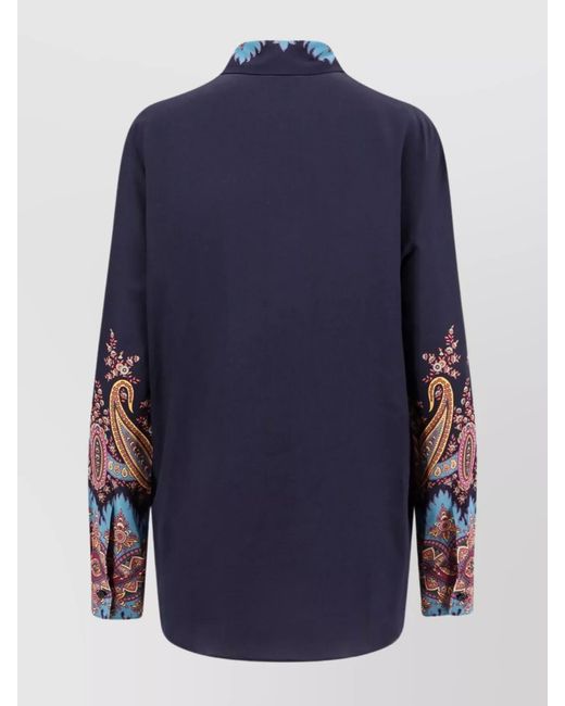 Etro Blue Paisley Print Crepe De Chine Long-Sleeved Shirt