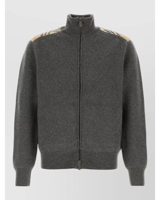Burberry Gray Wool Blend Cardigan High Collar Shoulder Accents for men