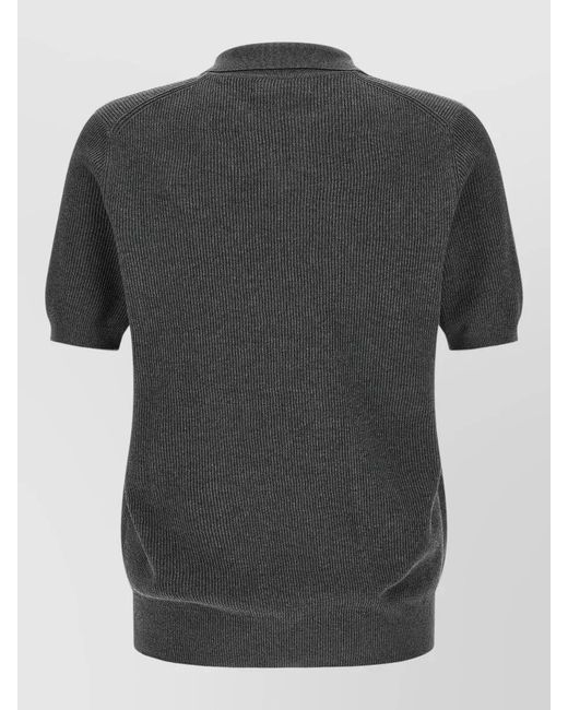 Brunello Cucinelli Black Cotton Ribbed V-Neck Short-Sleeve Polo Shirt for men