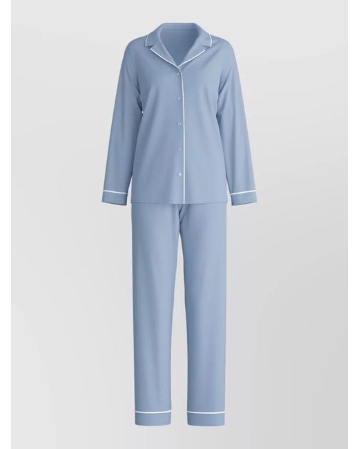 Calida Blue Pyjama Set Contrast Piping Notched Collar