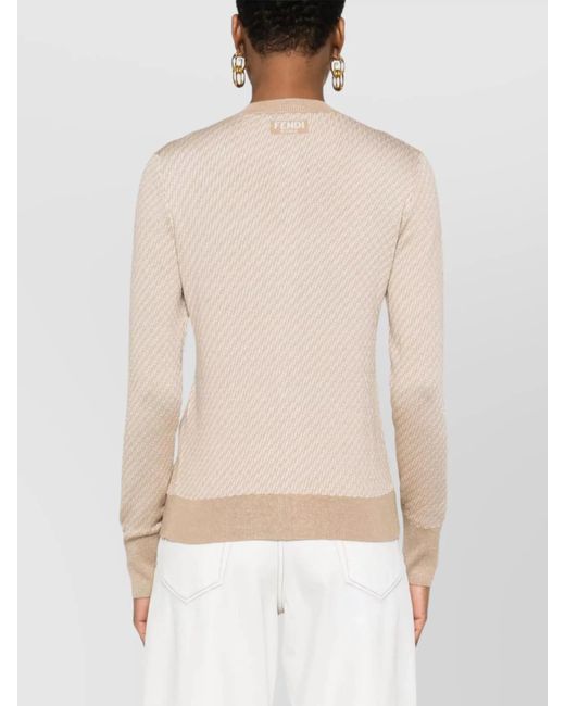 Fendi Natural Silk Wool Micro Ff Jacquard Ribbed Trim Cardigan