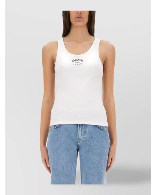Moschino Blue Logo Sleeveless Ribbed Texture Slim Fit Tops