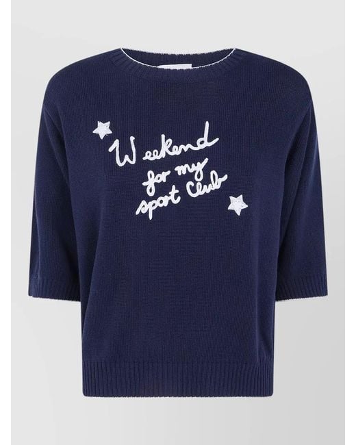 Weekend by Maxmara Blue Fiacre Crew Neck Sweater Embroidered Stars Text