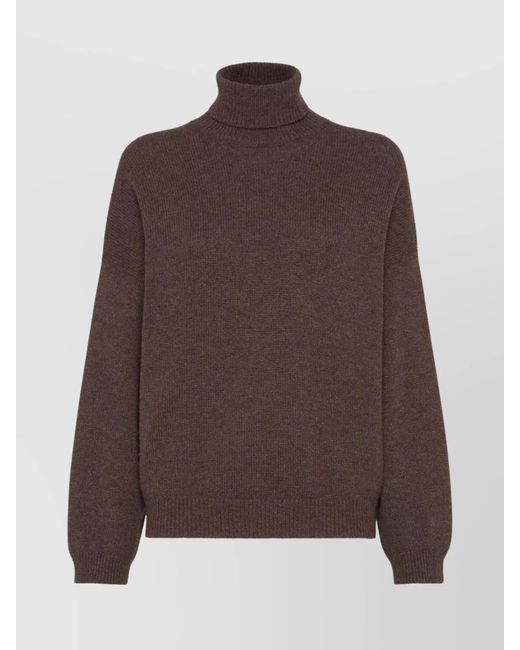 Brunello Cucinelli Brown Cashmere Ribbed Cuffs Turtleneck Jumper