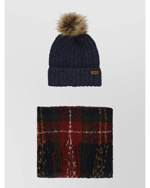 Barbour Blue Plaid Knit Beanie And Scarf Set for men