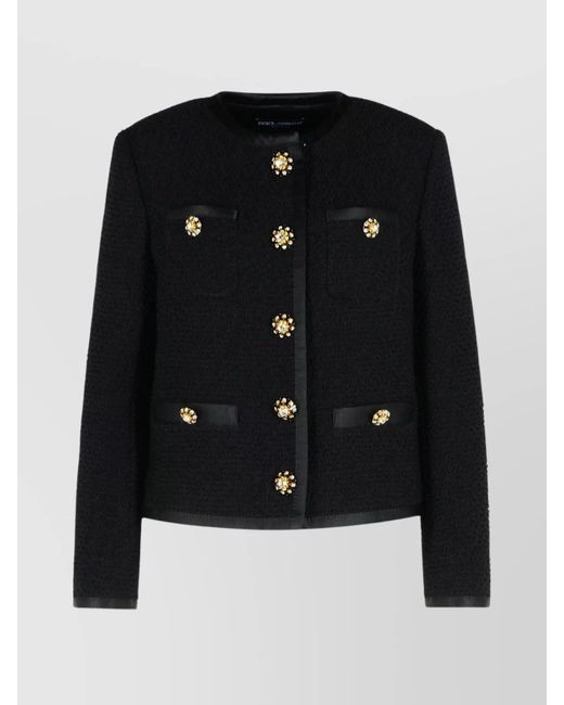 Dolce & Gabbana Black Silk Wool Cropped Single-Breasted Bouclé Tweed Jacket