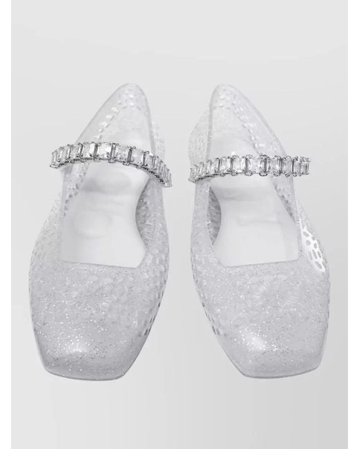 Jimmy Choo White Jelly Ballet Flats Square Toe Rhinestones