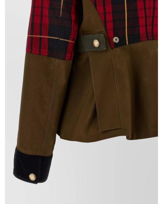 McQueen Red Jacket Checked Pattern Contrast Panels Corduroy Collar