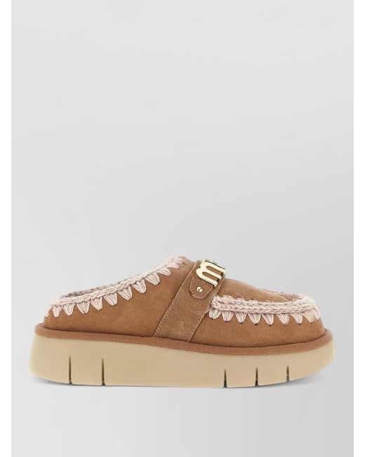 Mou Brown Bounce Clog Slippers Embroidered Detail Flat