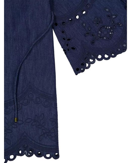 Zimmermann Blue Denim Broderie High-Neck Mini Dress