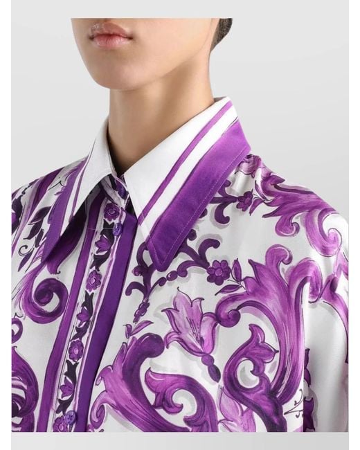 Dolce & Gabbana Purple Bat Sleeve Majolica Print Point Collar Top