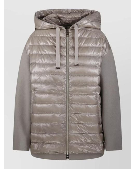 Herno Gray Hooded Quilted Jacket Long Sleeves Drawstring