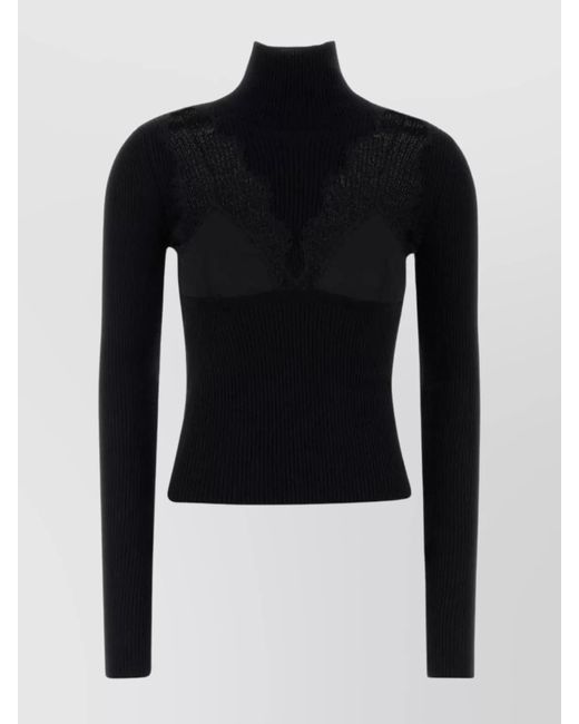 Blumarine Blue High Neck Fitted Sweater With Lace Detailing