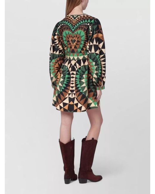 Farm Rio Multicolor Cinched Waist Geometric Pattern Long Sleeve Dress