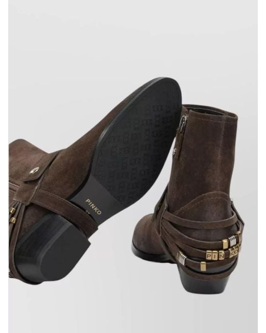 Pinko Brown Ankle Boots Block Heel Buckle Straps