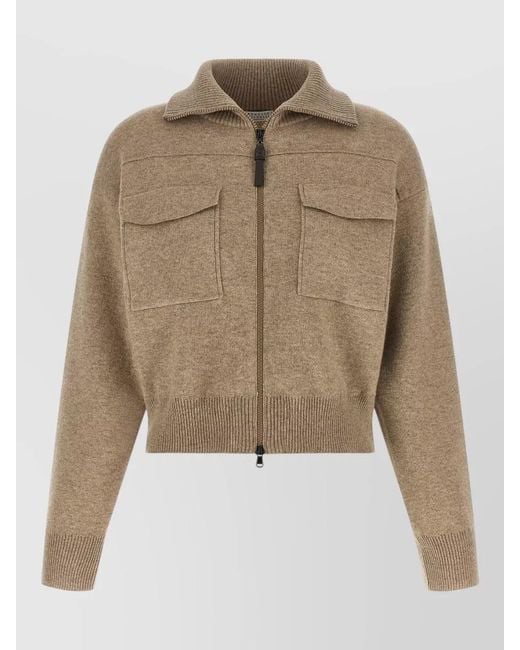 Brunello Cucinelli Natural Wool Cardigan Cropped High Neck Zipper
