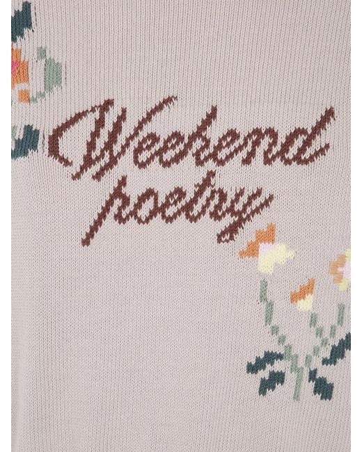 Weekend by Maxmara Gray Floral Embroidery Sweater Ribbed Hem Cuffs Text