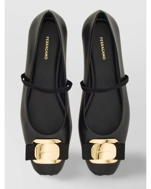 Ferragamo Black Leather Zina Ballerina Flats