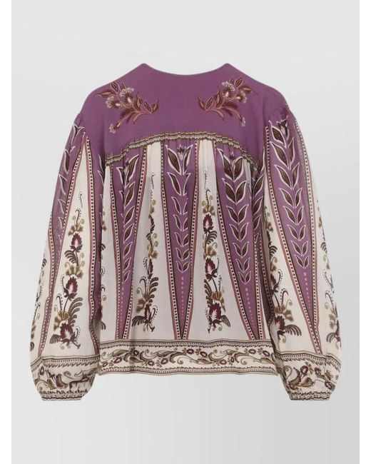 Farm Rio Purple Ainika Blouse Floral Embroidery Long Sleeves