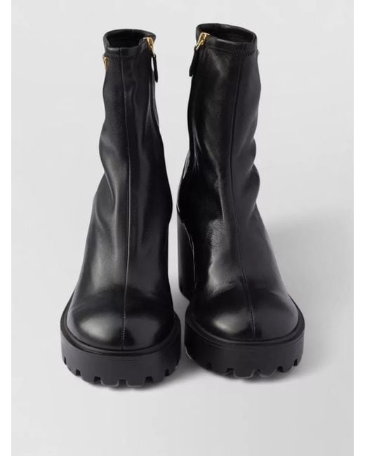Prada Black Leather Ankle Boots Chunky Heel Design