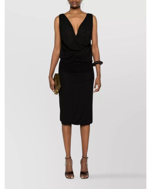 Saint Laurent Black Draped Sleeveless V-Neck Midi Dress