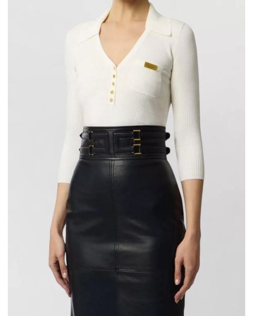 Elisabetta Franchi White Knit Sweater Ribbed Texture Chest Pocket