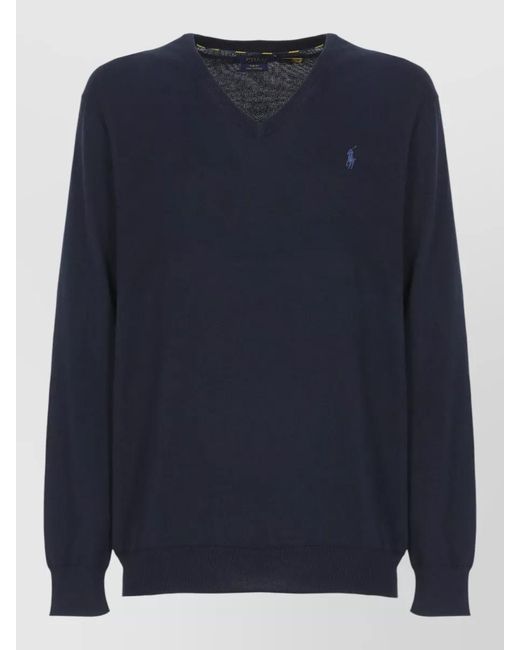 Ralph Lauren Blue V Neck Cotton Sweater Long Sleeves for men
