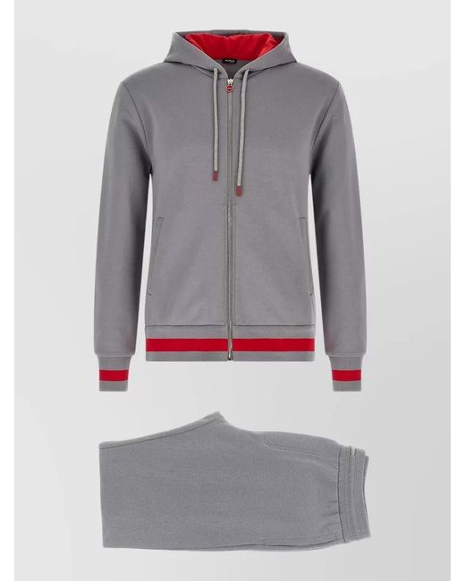 Kiton Gray Cotton Tracksuit Hood Ribbed Cuffs Pockets for men