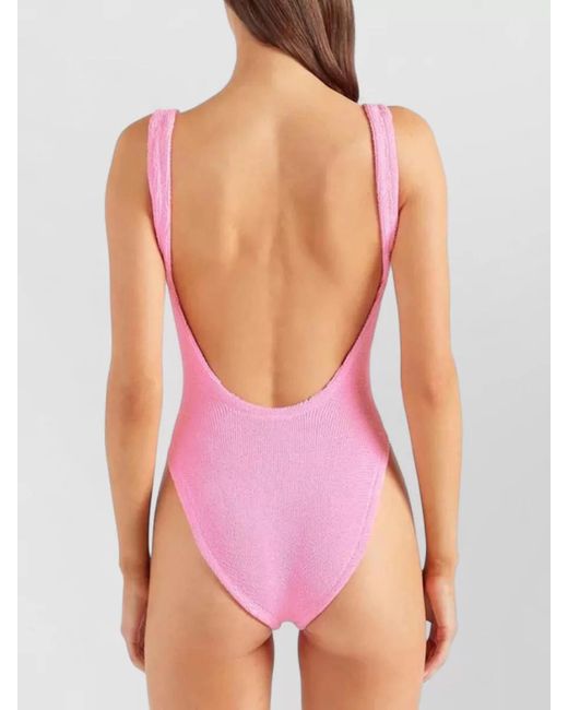 Hunza G Pink Square Neck Textured Swimsuit High Leg
