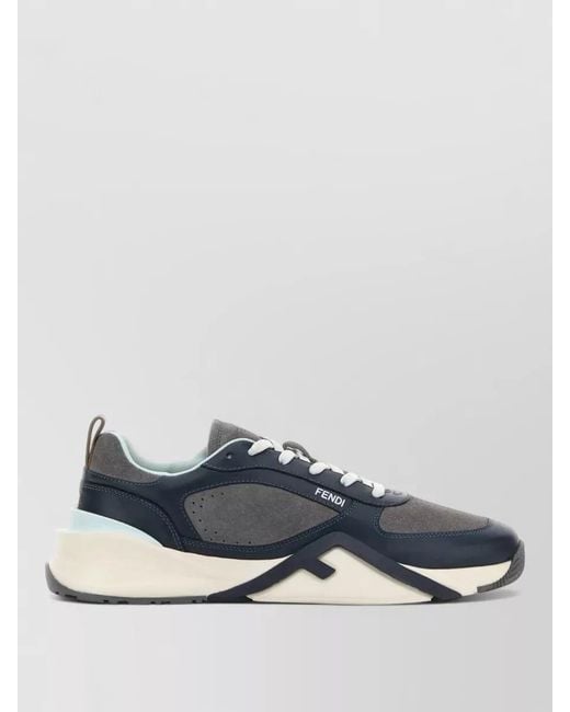 Fendi Blue Leather And Suede Low-Top Sneakers for men