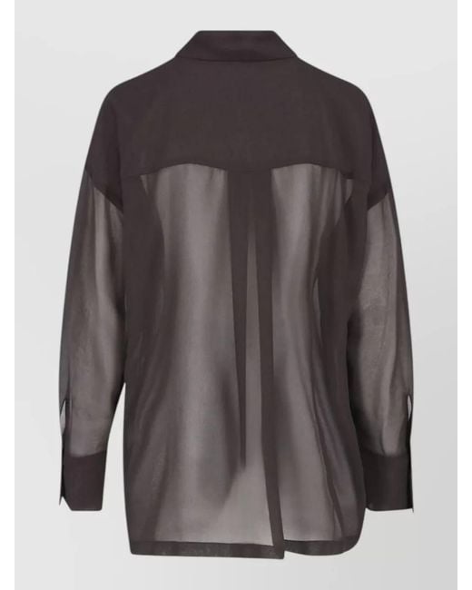 P.A.R.O.S.H. Gray Shirt Collar Sheer Top Long Sleeves Ruffled Front