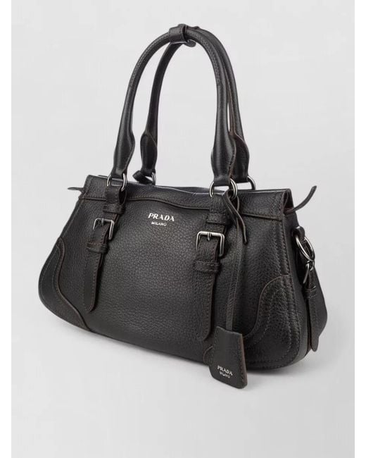 Prada Black Structured Shoulder Bag Top Handles Buckle Detail