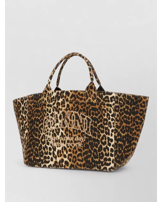 Ganni Metallic Canvas Tote Bag Animal Print Handles