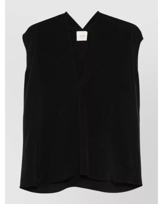 Alysi Black Silk Top Draped Design Sleeveless V Neckline