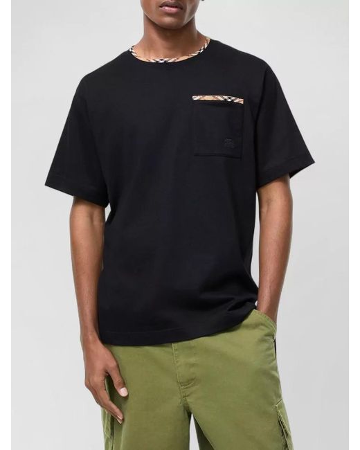 Burberry Black Check Detail Crew Neck Relaxed T Shirt for men