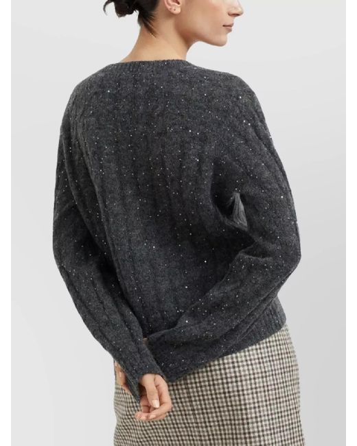 Brunello Cucinelli Blue Mohair Cable Knit V-Neck Sweater
