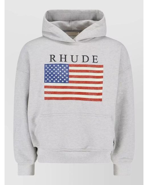 Rhude Gray Hooded Sweatshirt Front Graphic Kangaroo Pocket for men