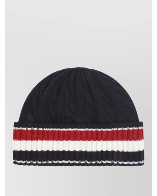 Thom Browne Blue Wool Cable Knit Beanie Striped Cuff for men