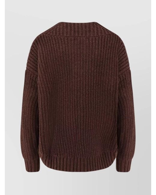 Staud Brown Wool Ribbed V-Neck Asymmetric Hem Sweater