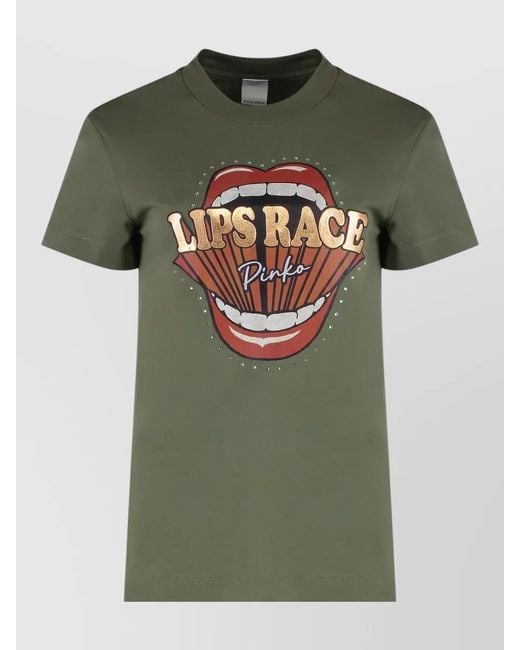 Pinko Green Rhinestone Graphic Crew Neck T Shirt