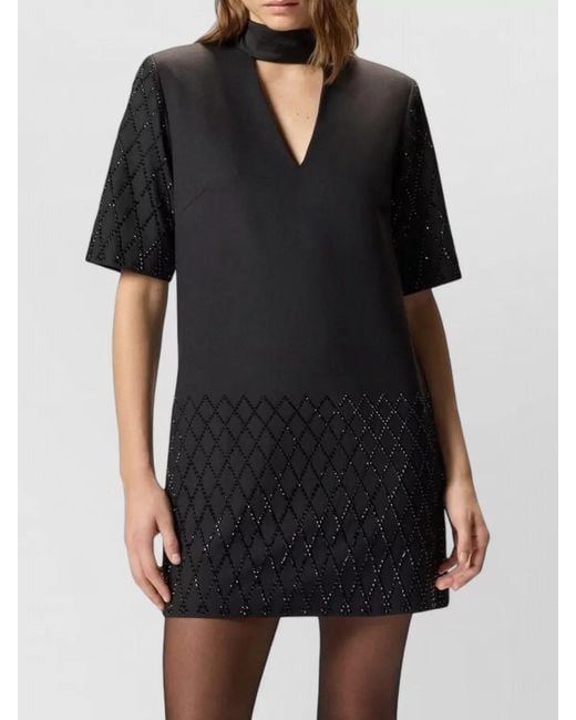 Pinko Black Dress V Neck Short Sleeves Scarf Detail