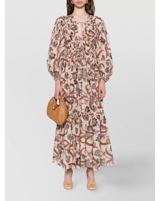 Zimmermann White Tiered Floral V-Neck Long Sleeve Dress