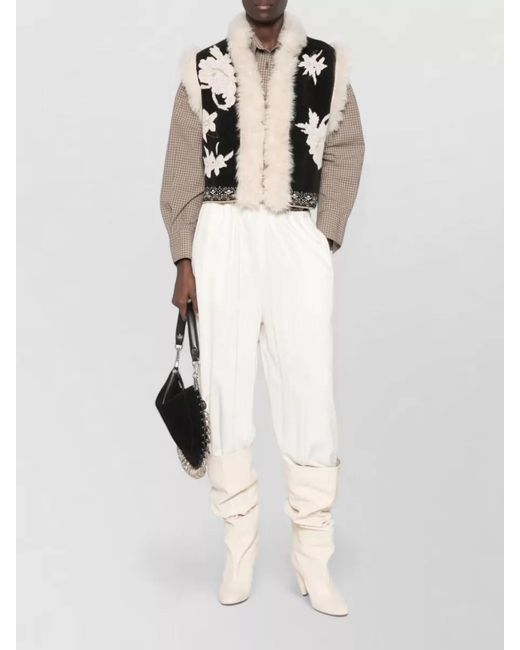 Forte_forte White Faux Fur Cropped Vest Floral Embroidery
