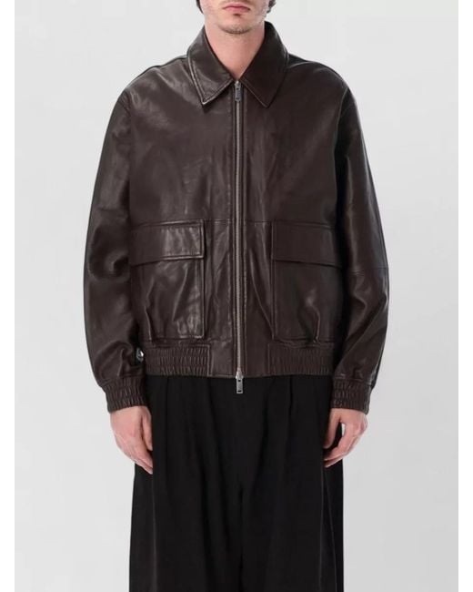 Studio Nicholson Black Leather Bomber Jacket Collared Elastic Hem for men