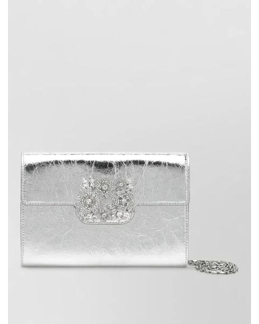 Roger Vivier Gray Clutch Bag Chain Strap Floral Embellishment