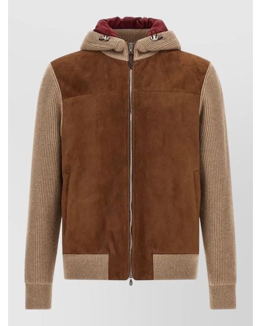 Brunello Cucinelli Brown Suede Cashmere Hooded Bomber Jacket for men