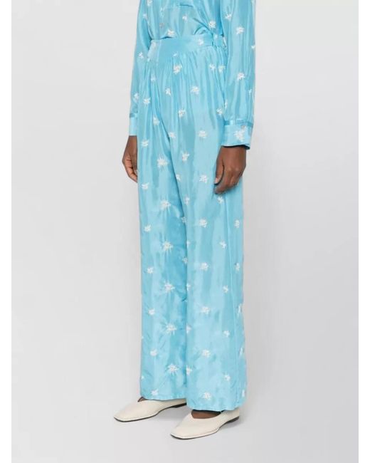 Forte_forte Blue Silk Trousers Floral Embroidery Wide Leg