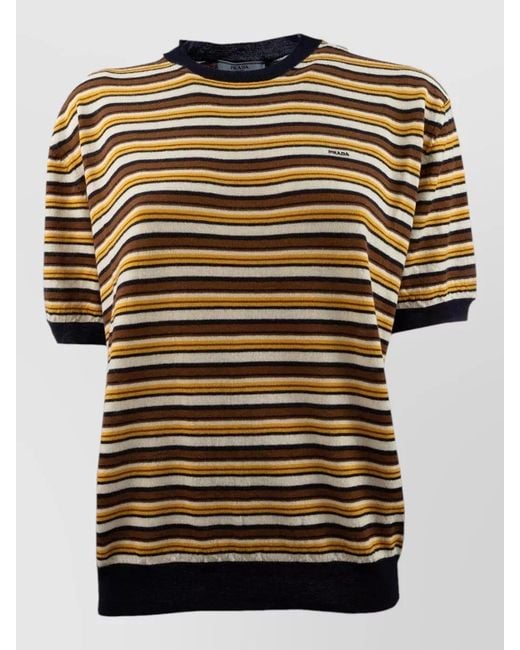 Prada Black Crew Neck Striped Knit Top Short Sleeves