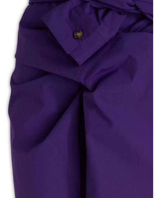 Quira Purple Cotton High-Rise Draped Knot-Detail Midi Wrap Skirt