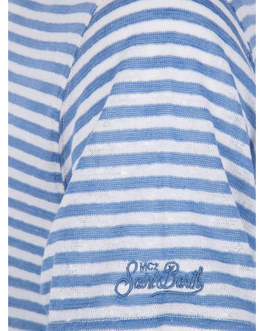 Mc2 Saint Barth Blue Linen Crew Neck Striped Short Sleeves T Shirt for men